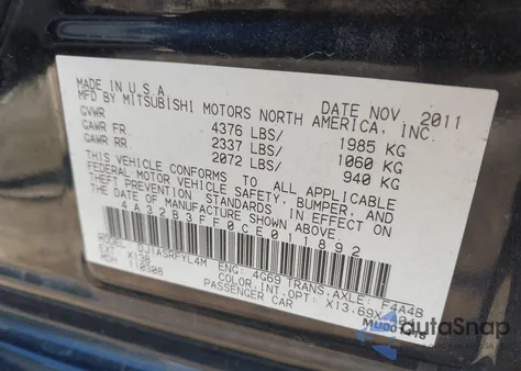 2012 Mitsubishi Galant Es/Se from USA, damaged, VIN 4A32B3FF0CE011892